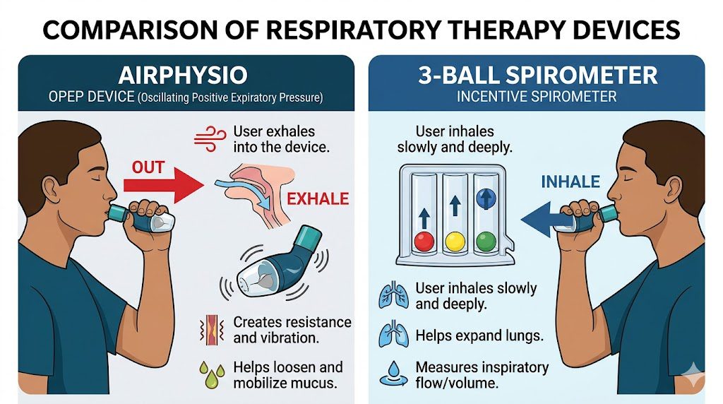 AirPhysio vs Spirometer: The Brutally Honest Truth About Clearing Your Lungs 2 AirPhysio exhale vs 3-Ball Spirometer inhale comparison for lung health.