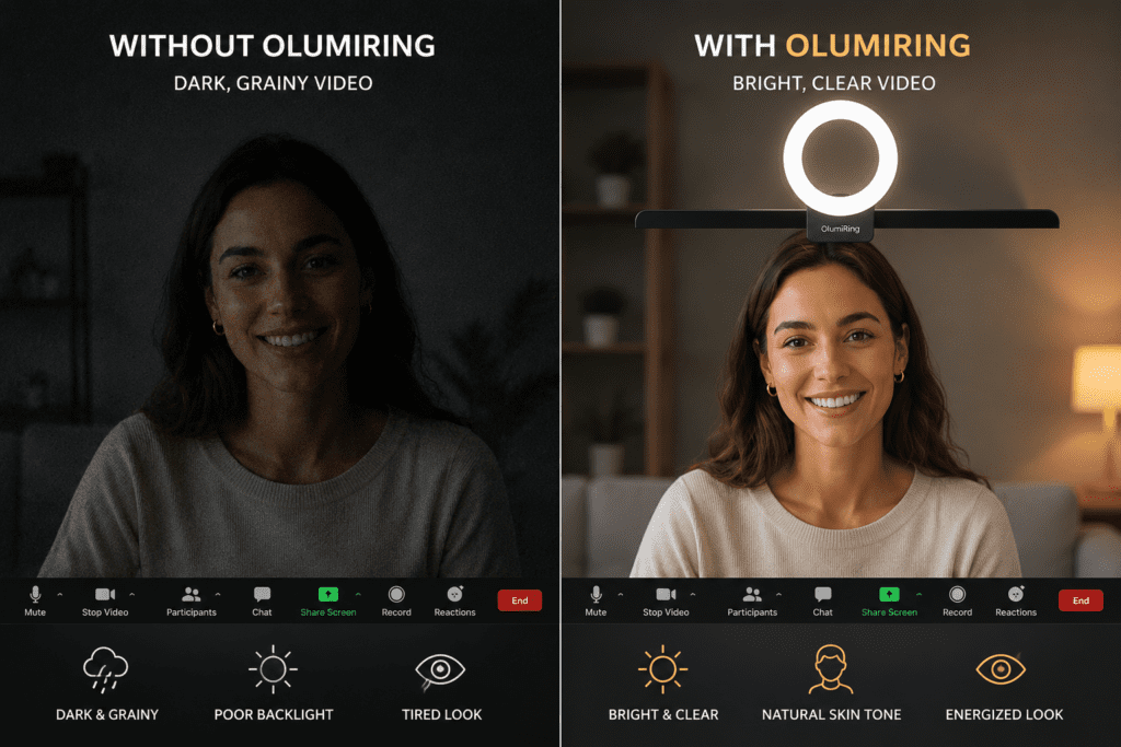 Before and after comparison showing improved webcam clarity using the OlumiRing diffusion light