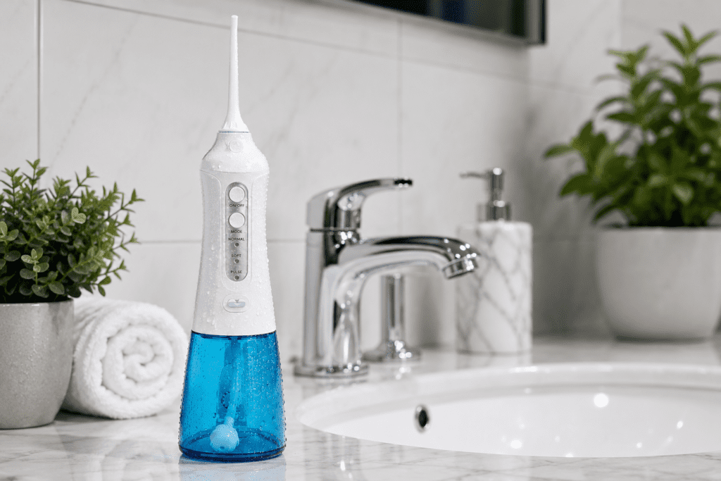 JetFloss Pro portable water flosser on a bathroom sink