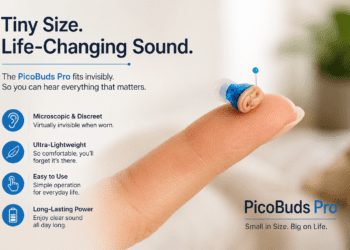 PicoBuds Pro invisible hearing amplifier resting on a finger