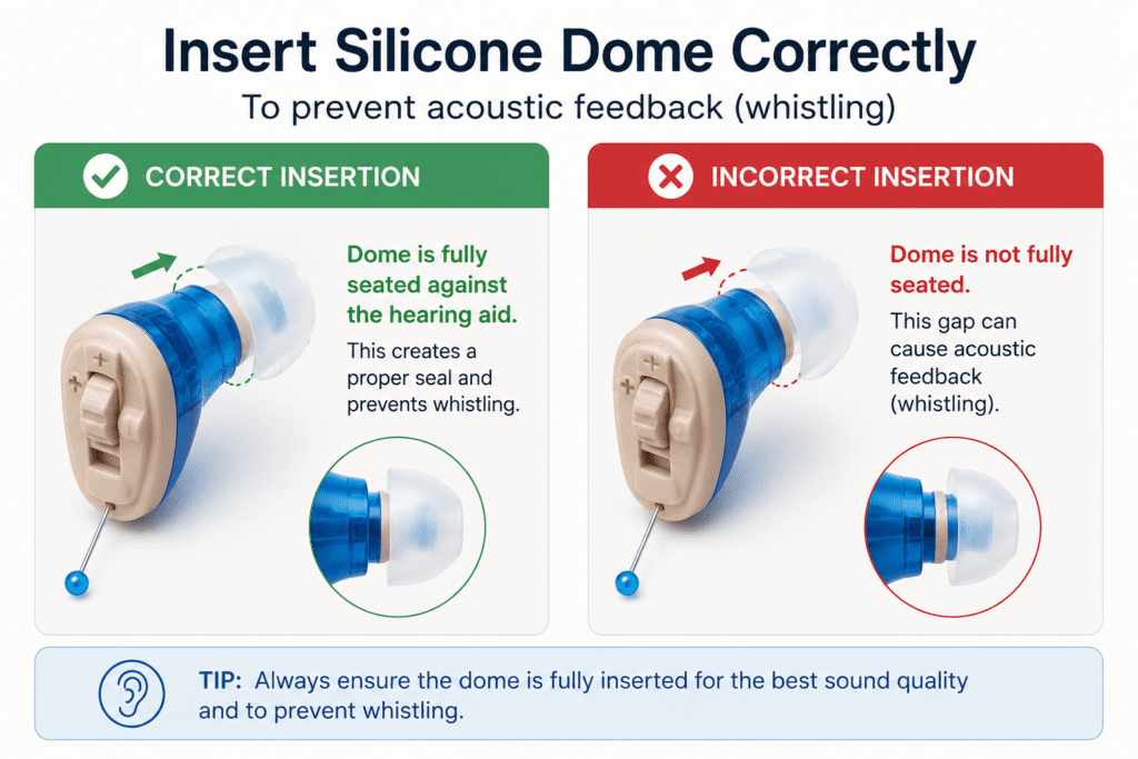 PicoBuds Pro Review (2026): Is This Invisible Hearing Amplifier Actually Worth It? 2 Diagram showing how to correctly insert a hearing amplifier dome to prevent whistling