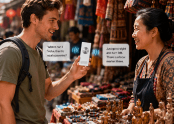 Poliglu Review 2026: Does This Translator Device Actually Work? 11 Person using Poliglu translator at foreign market