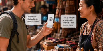 Poliglu Review 2026: Does This Translator Device Actually Work? 3 Person using Poliglu translator at foreign market