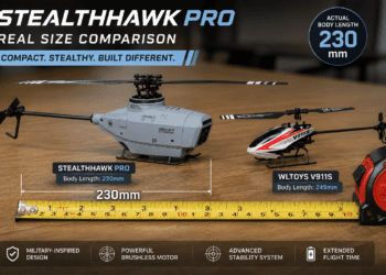 StealthHawk Pro RC helicopter drone size comparison - 230mm body