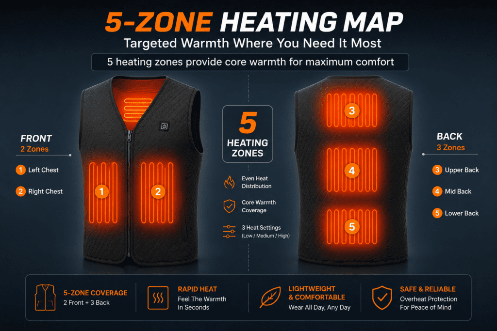 WinterSecret Pro Reviews 2026: The Heated Vest Truth Every Buyer Deserves 3 WinterSecret Pro 5 heating zones diagram - back and chest coverage map