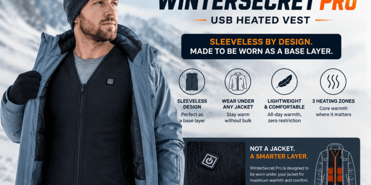 WinterSecret Pro Reviews 2026: The Heated Vest Truth Every Buyer Deserves 1 WinterSecret Pro USB heated vest worn as base layer under jacket - sleeveless design