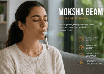 Moksha Beam Anxiety Necklace Review 2026: The Honest Science Behind the Breathwork Necklace 15 Moksha Beam breathing necklace in use โ slow exhale through pendant for anxiety and stress relief
