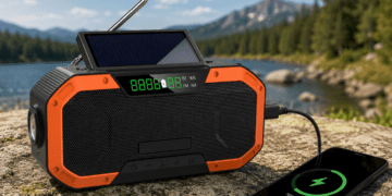 Qinux Brick Pro emergency radio charging a smartphone outdoors