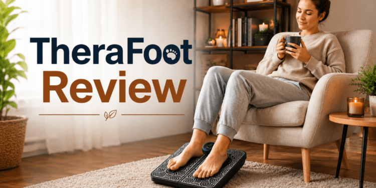 TheraFoot Review: The Truth About This Foot Massager 1 Person using TheraFoot EMS massager for foot pain relief in living room.