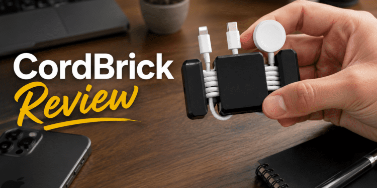 CordBrick Review (2026): Is This Weighted Cord Holder Actually Worth It? 1 CordBrick weighted cord holder organizing cables on a wooden desk