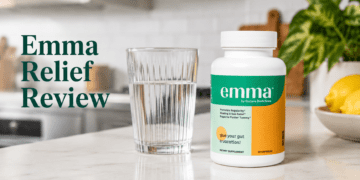 Emma Relief Review: The Brutal Truth About Dr. Sam’s Gut Supplement (2026) 5 Emma Relief daily digestive supplement bottle on a kitchen counter.