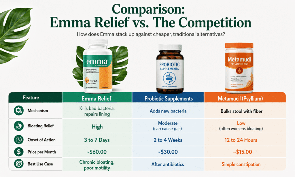 Emma Relief Review: The Brutal Truth About Dr. Sam’s Gut Supplement (2026) 4 Emma Relief vs Metamucil vs Probiotics comparison chart.