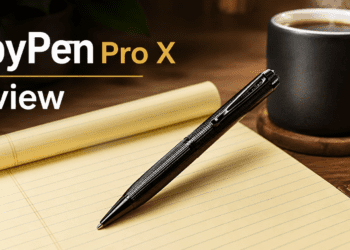 iSpyPen Pro X Review: Does It Really Record 40 Feet Away? 12 SpyPen Pro X resting on a notebook for covert recording.