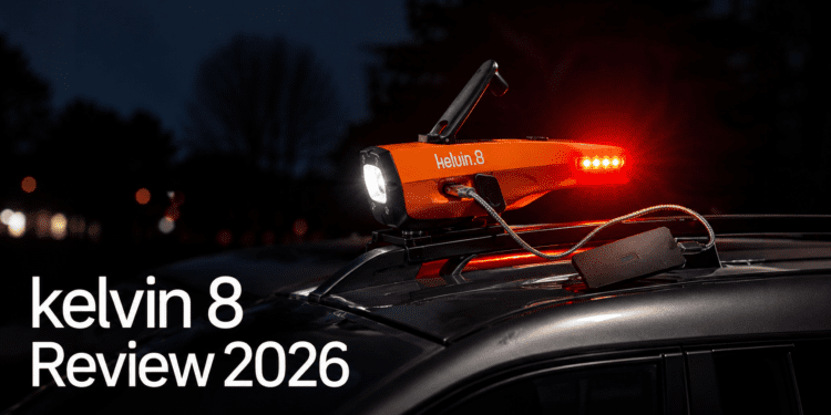 Kelvin 8 automotive emergency tool attached to a car at night using its magnetic base and red SOS strobe light.