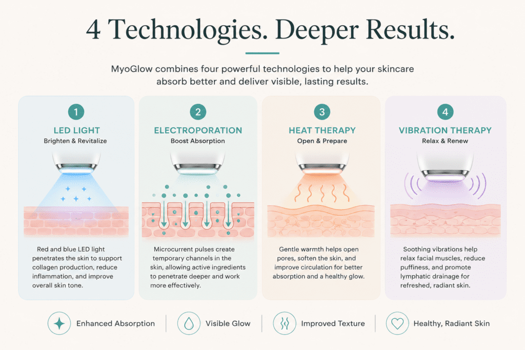 MyoGlow 4-in-1 technology diagram — LED, electroporation, heat, sonic vibration