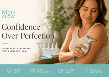 MyoGlow arm sculpting device being used on upper arm — LED light visible
