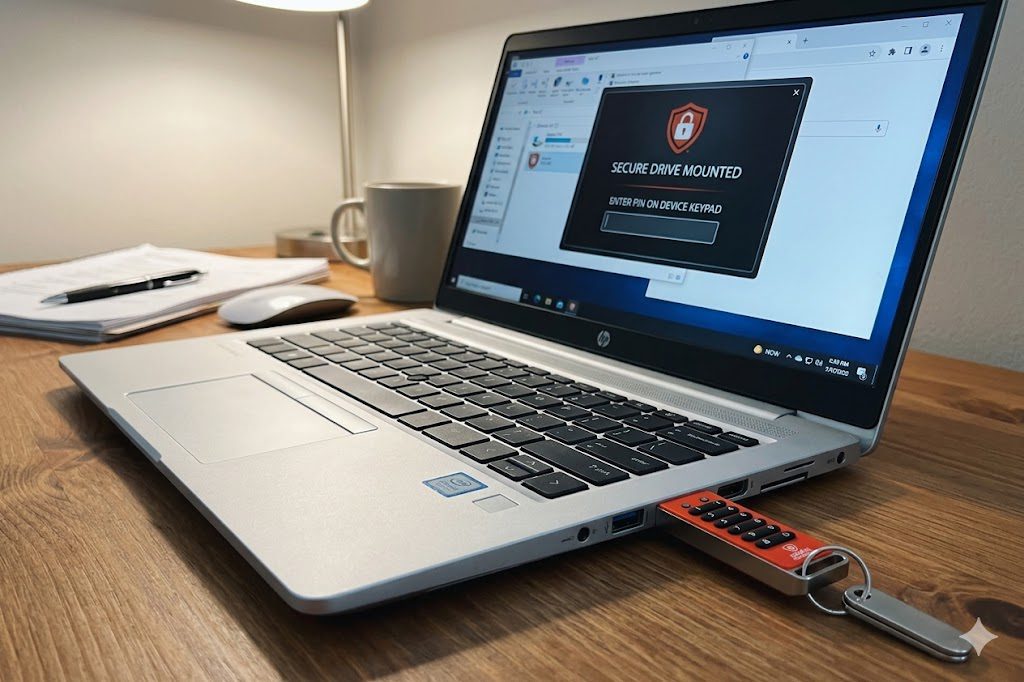 Honest Omni DataSafe Review: I Tested It So You Don't Have To (2026) 3 Omni DataSafe USB drive plugged into a silver MacBook Air.