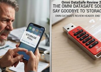 person experiencing full phone storage next to an Omni DataSafe backup stick.