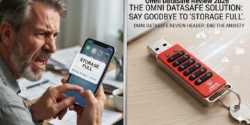 person experiencing full phone storage next to an Omni DataSafe backup stick.
