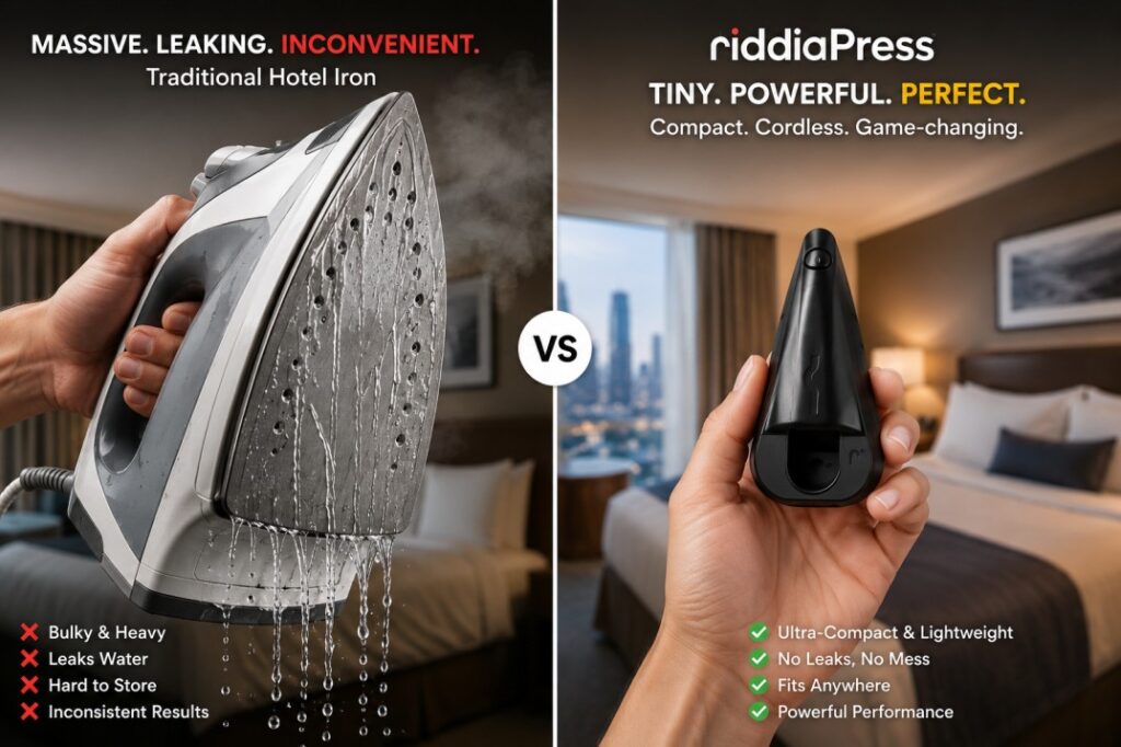 Size comparison between a bulky hotel iron and the pocket-sized riddiaPress.