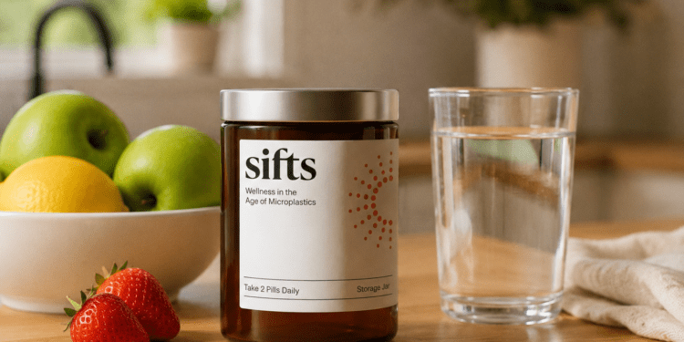 Sifts Microplastic Support supplement in a reusable glass jar.