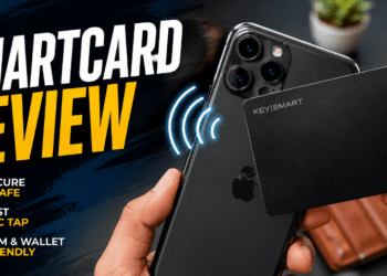 SmartCard Review: Is It The Best Digital Business Card? (Tested) 15 Person tapping a SmartCard NFC digital business card to an iPhone to share contact info.