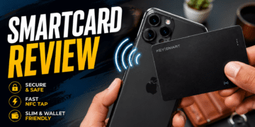 SmartCard Review: Is It The Best Digital Business Card? (Tested) 7 Person tapping a SmartCard NFC digital business card to an iPhone to share contact info.