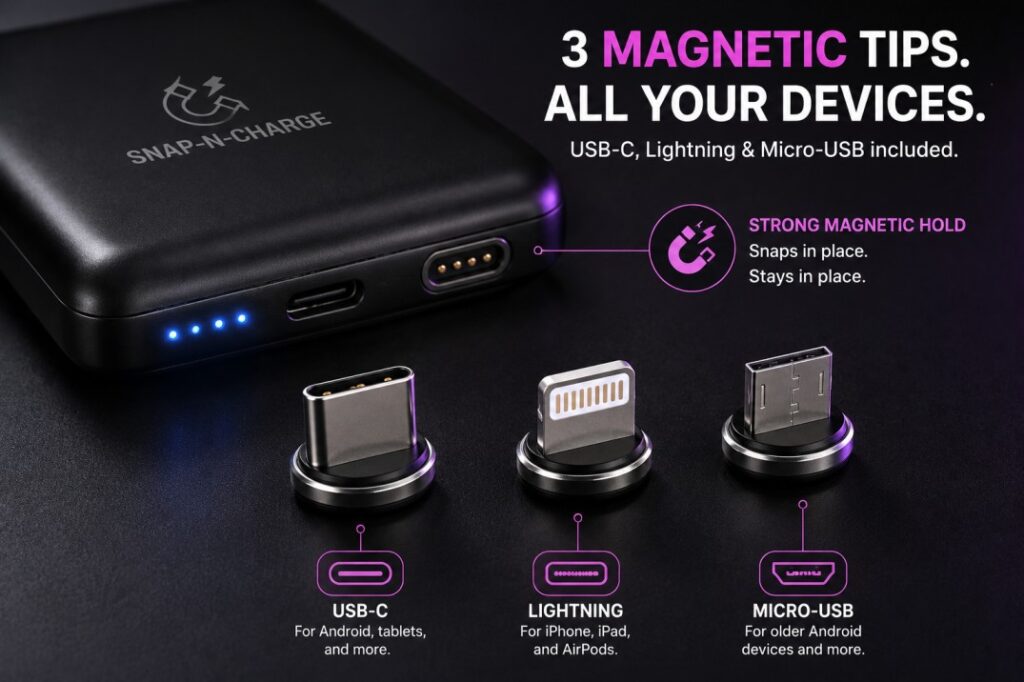 Snap-N-Charge Review: I Tested The Viral Magnetic Power Bank 2 The three interchangeable magnetic charging tips included with the Snap N Charge portable battery.