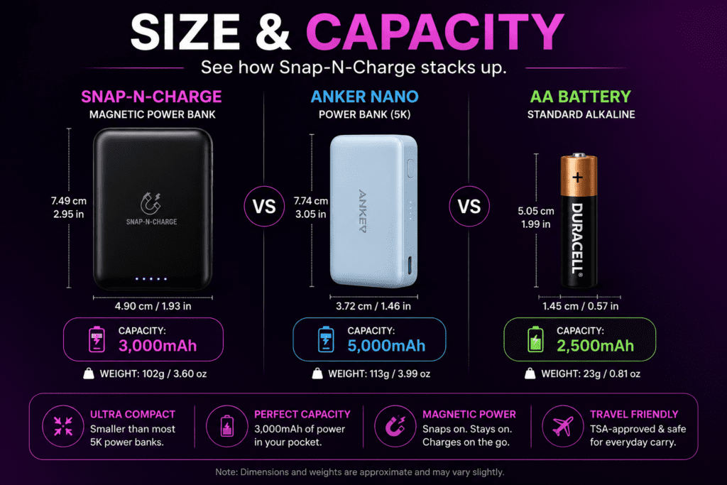 Snap-N-Charge Review: I Tested The Viral Magnetic Power Bank 3 Size and specs comparison chart between Snap-N-Charge, Anker Nano, and standard batteries.