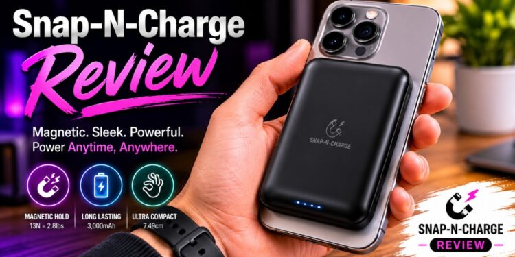 Snap-N-Charge Review: I Tested The Viral Magnetic Power Bank 1 User holding an iPhone with the compact Statik Snap-N-Charge magnetic power bank attached.