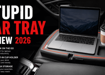 Stupid Car Tray Review: The Ultimate Mobile Office Setup? 14 Stupid Car Tray sitting level on a passenger seat holding a laptop.