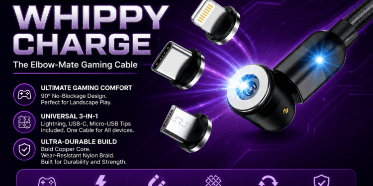 Whippy Charge cable review showing the liquid silicone design next to a smartphone.